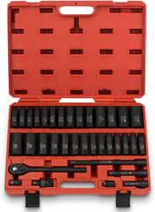 02448A 1/2" Drive Master Impact Socket Set, 65 Piece, Standard SAE (3/8"-1-1/4") & Metric (10-24 mm) Sizes, Deep & Shallow Kit, Includes Adapters & Ratchet Handle