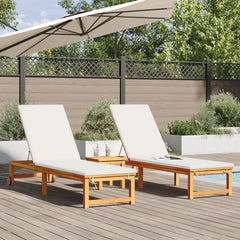 2025 Tumbonas 2 pcs con Mesa y Cojines de Madera Maciza de Acacia, Tumbona con Cojines Crema de Madera Maciza de Acacia, Mesa Lateral de Jardín