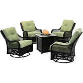 5-Piece Steel Patio Fire Pit Conversation Set with Navy Blue Cushions, Swivel Gliders and Square Fire Pit Table