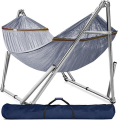 Double hammock with frame, with a load capacity of 650 pounds, double hammock with support rods, made of high-quality 201 stainless steel, assembled in 30 seconds, sturdy and flexible portable hammock frame, suitable for outdoor and indoor use, black