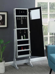 Mounted-style mirror cabinet, featuring jewelry storage function, with a design allowing the entire length to be tilted, rectangular shape - bedroom - silver color