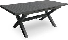 Extendable Patio Dining Table for 6-8, 63''-83'' Outdoor Aluminum Table w/Umbrella Hole, Rectangle Slatted Tabletop, Metal X-Trestle for Meals Garden Deck Backyard Gathering Party - Light Brown