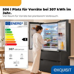 Exquisit Frenchdoor Kühl-Gefrierkombination | 506 l Nutzinhalt, Energieklasse E, 41 dB, No Frost Kühlen & Gefrieren, Schnellgefrieren, Wasserspender,