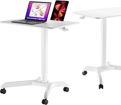 Portable laptop desk cart (3 feet 8 inches) - Mobile rolling desk - Computer projector cart - Adjustable height foldable mobile folding table - White mobile frame with brake wheels