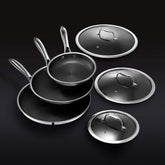 6-Piece Hybrid Stainless Steel Pan Set with Glass Lids, 8-Inch, 10-Inch and 12-Inch, Black