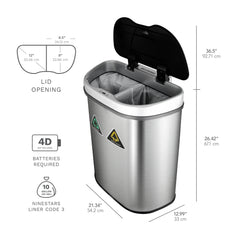 18 Gallon Dual Compartment Motion Sensor Trash Can, Automatic Hands-Free Kitchen Garbage Bin