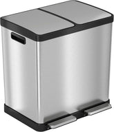 16-gallon contact-free trash and recycling bins, made of stainless steel, with a double compartment design (each compartment holds 8 gallons), suitable for recycling and waste disposal in the kitchen.