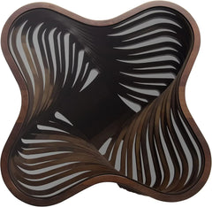 Design a modern coffee table - natural walnut veneer, tempered glass tabletop, layered wave shape, rustic wood, modern living room table, luxurious home and office decoration, central table in the living room.