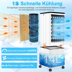 Klimagerät ohne Abluftschlauch, 14L 60W Klimaanlage Mobil mit 12H Timer, 3 Modus, 40dB, 120°Oszillation, Abnehmbare Wassertank, Fernbedienung, Leise