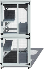 62.6-inch wooden outdoor cat house, large cat cage room, equipped with 7 platforms, 2 rest boxes and a rainproof roof, suitable for multiple pets to use. Step-in cat apartment shelter, white model