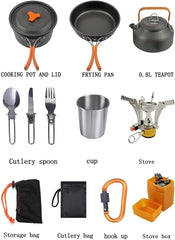 Camping cooking set - picnic cooking pot set - outdoor hiking and barbecue tableware set - camping travel supplies set including frying pan, water jug and stove