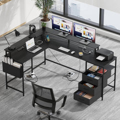 3 Drawers L Shaped Desk 63 Inch, 2 Power Strips (6 AC) and LED, Large Gaming Desk & 2 Monitor Stands, L Shape Computer Desk, Stable and Sturdy Home Office Desk, Fabric Drawers, Black
