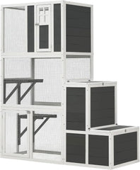 62.6-inch wooden outdoor cat house, large cat cage room, equipped with 7 platforms, 2 rest boxes and a rainproof roof, suitable for multiple pets to use. Step-in cat apartment shelter, white model