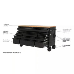 61-Inch W x 23-Inch D 15-Drawer Mobile Workbench with Solid Wood Top