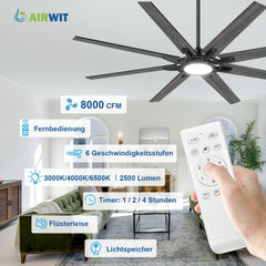 Airwit 183cm Deckenventilator mit Beleuchtung Extra Groß, Verbundholz Outdoor Leise Deckenventilator mit Licht und Fernbedienung, Lampe mit Ventilator