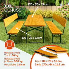 Casaria Bierzeltgarnitur mit Lehne 170 cm Klappbar Stabil 2X Bierbank 1x Breiter Tisch Holz Biertischgarnitur Festzeltgarnitur Biergartengarnitur