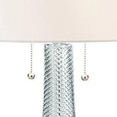 Modern desk lamp, 28.5 inches high, 2 sets. Features a sky-blue textured glass lampshade and a white cylindrical lampshade with a vortex pattern. Suitable for living room, bedroom, bedside table, night light, office, and home use.