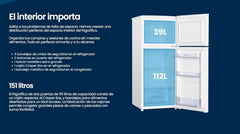 Frigorifico Dos Puertas Infiniton FG-151D12BEV, 151 Litros, 122 cm de Altura, Ancho de 50 cm, Ciclico, LED Interior, Regulación en altura, E, Blanco