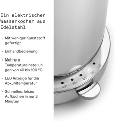 Aarke Wasserkocher aus Edelstahl mit mehreren Temperatureinstellungen, 360° drehbarem Sockel, leisem Kochvorgang und tropffreiem Ausgießer,