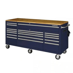 72-Inch 18-Drawer Mobile Workbench with Solid Wood Top, Gloss Blue