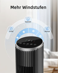 Ateroll Leiser Turmventilator für Schlafzimmer, Standventilator mit Fernbedienung, 90° oszillierend, 4 Geschwindigkeiten 3 Modi 12H Timer LED-Anzeige,