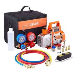 Bomba de vacío VEVOR de 1/3 HP y 4 CFM de una sola etapa con juego de manómetros y colector.