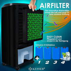 KESSER Mobile Klimaanlage 4in1 Luftkรผhler โ Air Cooler mit Fernbedienung & Timer, 10L Wassertank, Ionisator & Luftbefeuchter, Ventilator Klimagerรคt