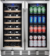 24 inch Wine Cooler, 46 Bottle - Dual Zone Built-in or Freestanding Fridge with Stainless Steel Reversible Glass Door, for Home, Kitchen, or Office.