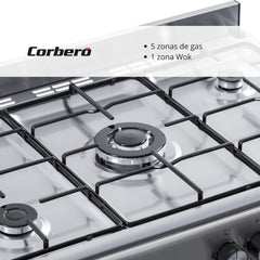 Corbero - Cocina de gas butano 5 fuegos | CC510GB90X | 80x90x60 | Horno de 60L con puerta doble | Wok en medio| Encendido Manual | Cajón