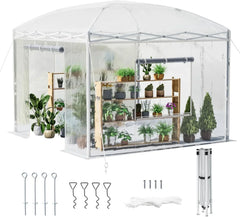 19.2×9.7×8.5 feet Outdoor upgraded retractable greenhouse with adjustable reinforced frame, portable walk-through greenhouse, equipped with 2 rollable zipped doors and mesh windows, PE shell, white