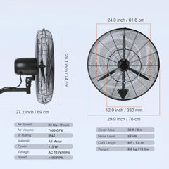 VEVOR Nebelventilator, 61,6 cm oszillierender, wasserdichter Ventilator, 3 Geschwindigkeiten, 7000 CFM, gewerblicher oder privater Ventilator zur
