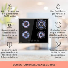 Klarstein Cocina de Gas Butano, Placa de Gas 4 Fuegos 8000W, Placa Vitroceramica Gas Integrada para Cocina, Placa Gas Butano de Diseño, Encimera Gas