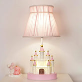 Cartoon children's table. Light pink bedside table. Princess-style cute castle-shaped resin material lamp for girls' bedroom and living room, with fabric shade cover.