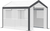 A 20-foot x 10-foot x 9-foot walk-in green house with an outdoor garden greenhouse, equipped with 6 roll-up windows, 2 zipper doors and a rain cover, in white color.