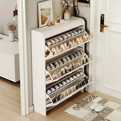 Narrow white artificial wooden shoe cabinet with door, modern entrance shoe rack, standalone hidden shoe cabinet