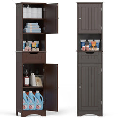 67 Inch Tall Narrow Bathroom Linen Cabinet, 5-Tier Solid Wood Freestanding Storage Cabinet