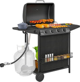 4 1 Burner Propane Gas BBQ Grill, Portable Gas Barbecue Grill with Side Burner, Thermometer, Lid, Side Table, Shelf, Spice Rack, Wheels, Grease Cup for Garden, Black