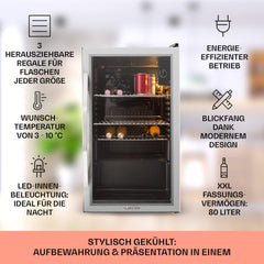 Klarstein Mini Kühlschrank mit Glastür, Mini, für Zimmer, Getränkekühlschrank Klein mit Verstellbaren Ablagen, 80 Liter, Indoor/Outdoor Kühlschrank