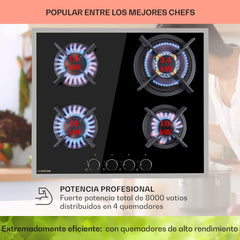 Klarstein Cocina de Gas Butano, Placa de Gas 4 Fuegos 8000W, Placa Vitroceramica Gas Integrada para Cocina, Placa Gas Butano de Diseño, Encimera Gas