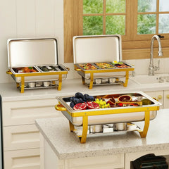 4 Pack Stainless Steel Chafing Dishes for Buffet, 9 QT Capacity 7 Pans Food Warmers for Parties, Weddings, Events Hosting, Family Gatherings, Full Set Catering Server with Serving Utensils Accessories