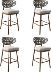 Outdoor Bar Stools Set of 2,Rattan Barstools Woven,29'' Bar Height Stools with Backrest and Teak Leg,Aluminum Bar Chairs Boho Bar Stool with Cushions,Tall Barstool for Patio,Teak