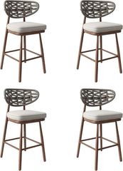 Outdoor Bar Stools Set of 2,Rattan Barstools Woven,29'' Bar Height Stools with Backrest and Teak Leg,Aluminum Bar Chairs Boho Bar Stool with Cushions,Tall Barstool for Patio,Teak