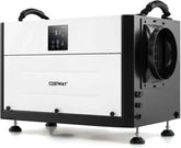 Commercial dehumidifier, suitable for 1300 square feet of basements, storage areas or work sites, equipped with a 9.8-foot drainage pipe and a wired remote control panel, white model.
