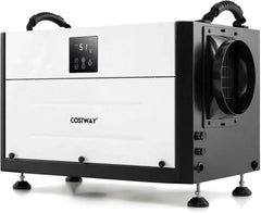 Commercial dehumidifier, suitable for 1300 square feet of basements, storage areas or work sites, equipped with a 9.8-foot drainage pipe and a wired remote control panel, white model.