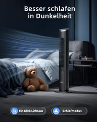 Ateroll Leiser Turmventilator für Schlafzimmer, Standventilator mit Fernbedienung, 90° oszillierend, 4 Geschwindigkeiten 3 Modi 12H Timer LED-Anzeige,