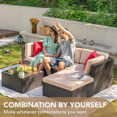 5 Pieces Patio Furniture Sets All Weather Outdoor Sectional Patio Sofa Manual Weaving Wicker Rattan Patio Seating Sofas with Cushion and Glass Table(Beige)