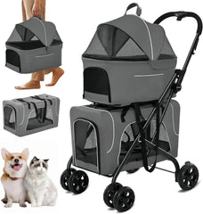 Double Dog Stroller for 2 Dogs, Detachable Carriers, Safety Belt, Lockable Wheels, Pet Travel Carrier Strolling Cart, Folding Cat Stroller for Small Medium Pets Dogs (Blue)