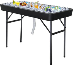 4 feet black ice crystal table, portable rear panel camping fishing cleaning table, plastic material with matching skirt, suitable for parties, barbecues, camping and picnics as an ice chest