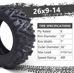 26x12x12 Atv Tires, Set of 2 Atv Tires 26x12-12 6PR, All Terrain Atv/Utv Off-Road Tires, Black