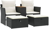 Multi-functional balcony sofa (for two people, with sunshade) - Black polyester wicker double-seat sofa, with built-in table, stool and washable cushion